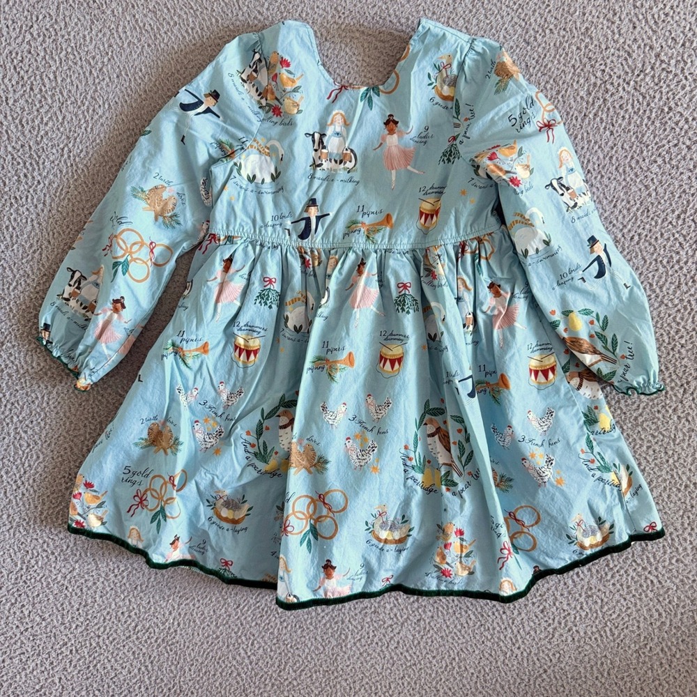 Pink Chicken 12 Days of Christmas Holiday Dress Blue Velvet Trim Girls 8Y Cotton